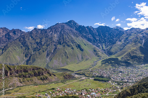 Obraz na płótnie Aerial view of town Stepantsminda (Kazbegi), Caucasus, Georgia w salonie
