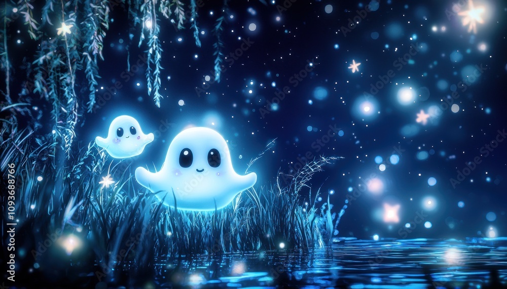 Two Friendly Ghosts in a Nighttime Forest by a Blue Lake Two Friendly Ghosts in a Nighttime Forest by a Blue Lake