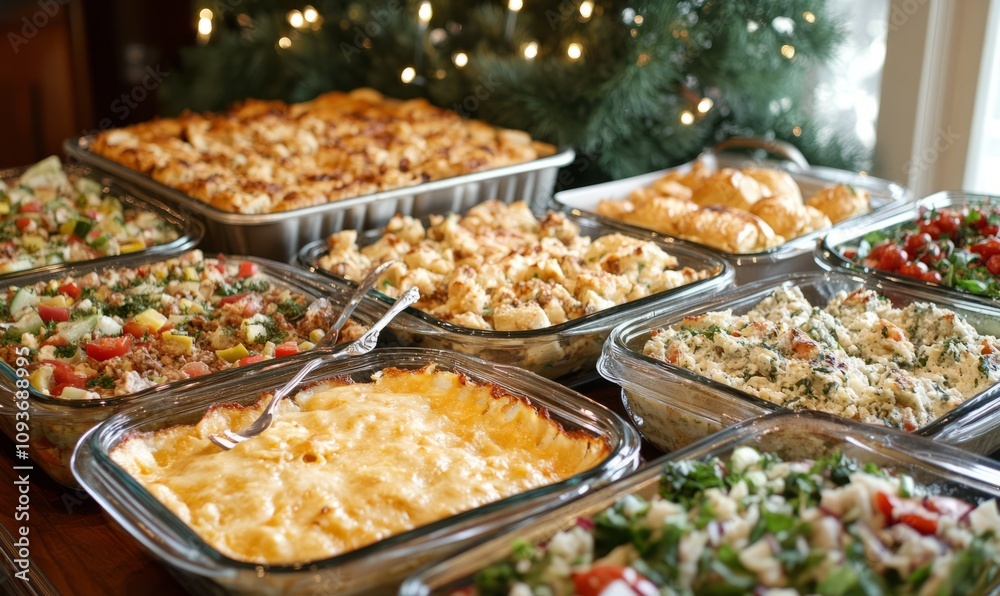 A table filled with various dishes of food, including casseroles, salads, and rolls. There is a green garland in the background and a fork on the table in the foreground A table filled with various dishes of food, including casseroles, salads, and rolls. There is a green garland in the background and a fork on the table in the foreground