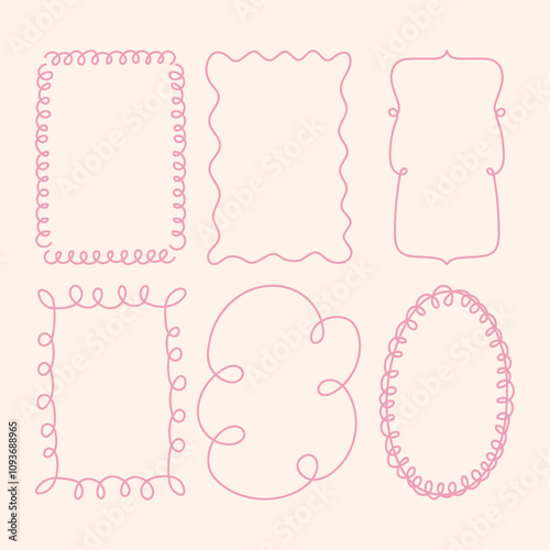 Set of whimsical frames. Hand-drawn borders with doodles, thin and curly lines. Isolated vector illustration. Modern, abstract minimal elements for cards, posters, etc.