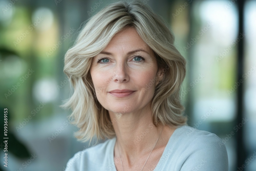 Close-up headshot of confident European mature, good looking middle-aged leader, businesswoman CEO on blurred office background. Beautiful senior European businessman smiling at the camera Close-up headshot of confident European mature, good looking middle-aged leader, businesswoman CEO on blurred office background. Beautiful senior European businessman smiling at the camera