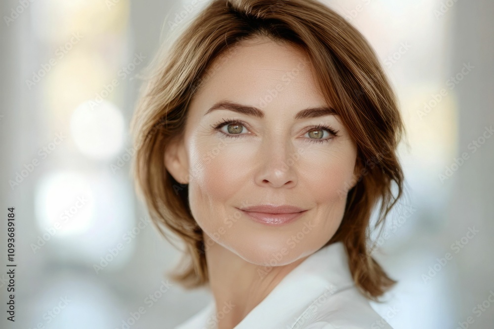 Naklejka premium Close-up headshot of confident European mature, good looking middle-aged leader, businesswoman CEO on blurred office background. Beautiful senior European businessman smiling at the camera