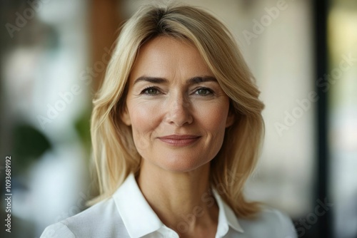 Close-up headshot of confident European mature, good looking middle-aged leader, businesswoman CEO on blurred office background. Beautiful senior European businessman smiling at the camera