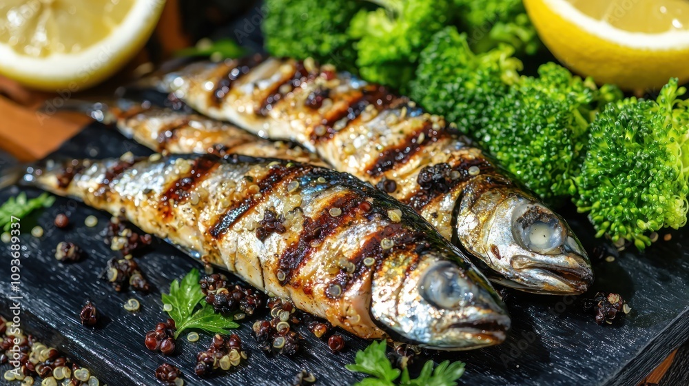 Grilled Mackerel Fish with Broccoli, Lemon, and Black Peppercorns Grilled Mackerel Fish with Broccoli, Lemon, and Black Peppercorns