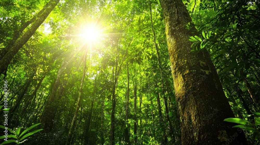 Fototapeta premium Sunbeams Through Lush Greenery in a Dense Forest