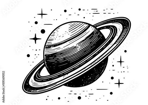 saturn-like planet with rings in black and white illustration