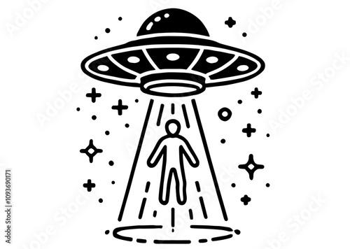 ufo abduction illustration in black and white with cosmic elements