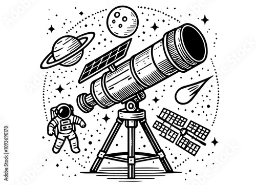 artistic space-themed illustration with telescope and solar system details