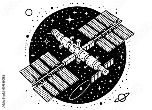 black and white artwork of a satellite orbiting in space