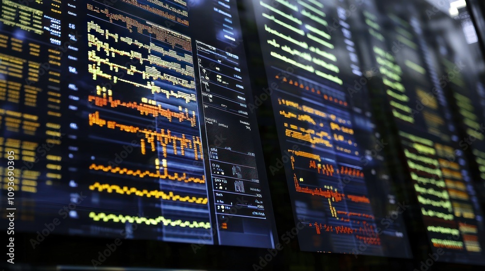 Close-up View of Multiple Digital Displays with Data and Charts Close-up View of Multiple Digital Displays with Data and Charts