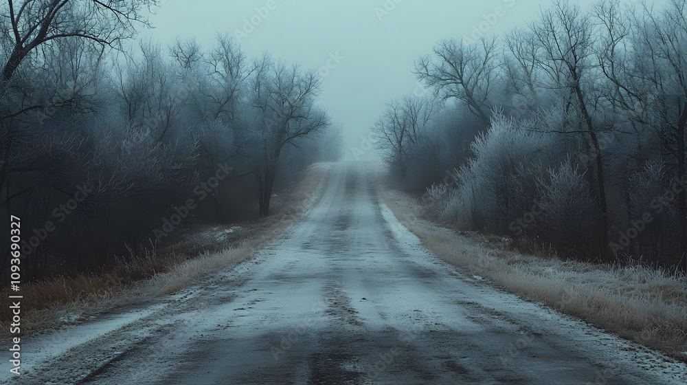 Obraz premium A silent winter road disappearing into the distance flanked by frost-covered trees.