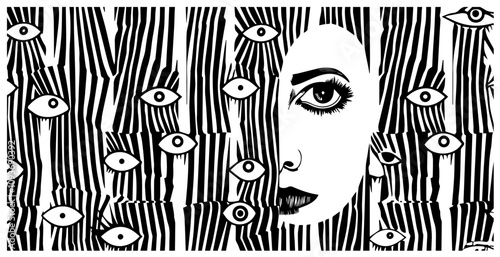 artistic sketch of abstract eyes on wavy striped texture