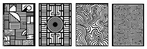 creative geometric designs with radial and grid elements – black vector