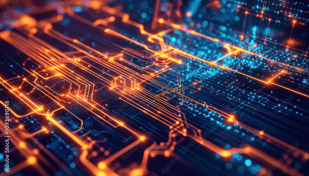 Abstract Circuit Board with Glowing Orange and Blue Lines Abstract Circuit Board with Glowing Orange and Blue Lines