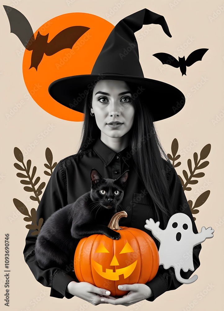 Black Cat and Witch Halloween Art Black Cat and Witch Halloween Art