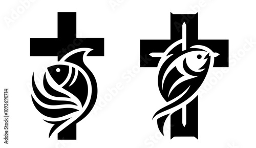 hand-drawn christian fish and cross designs – black vector