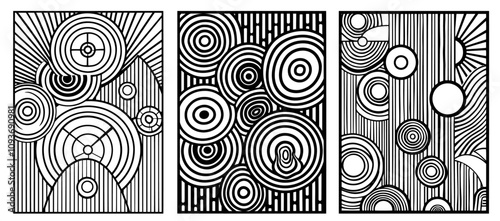 stylized black and white decorative patterns with spirals and flowers