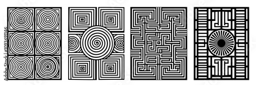 collection of geometric maze patterns, black and white design