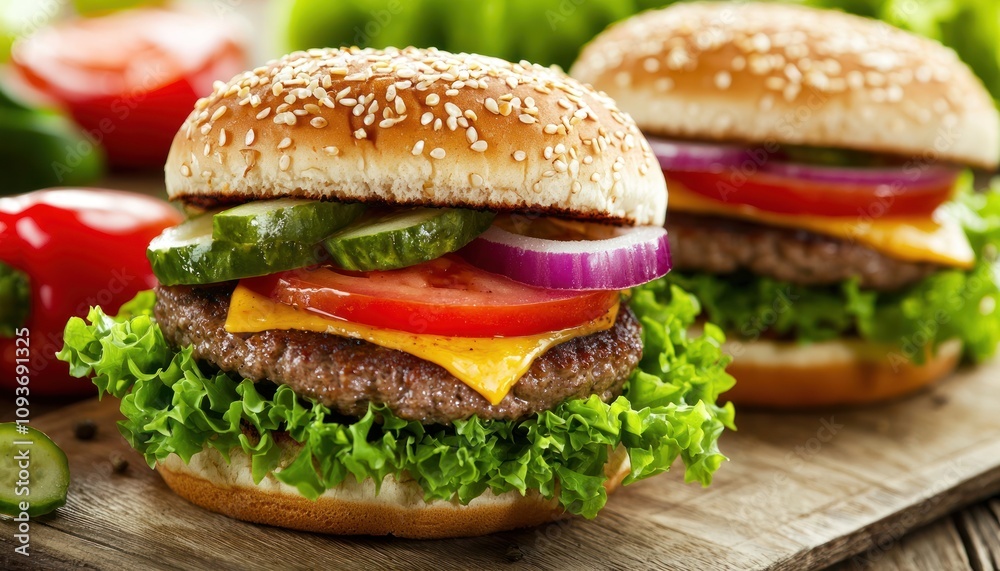Close-up of a Juicy Cheeseburger with Fresh Toppings Close-up of a Juicy Cheeseburger with Fresh Toppings