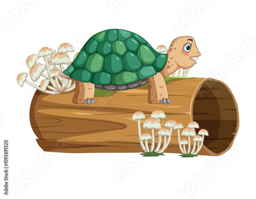 Turtle standing on stump in cartoon vector illustration