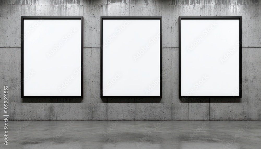 Three Blank Frames on a Concrete Wall Three Blank Frames on a Concrete Wall