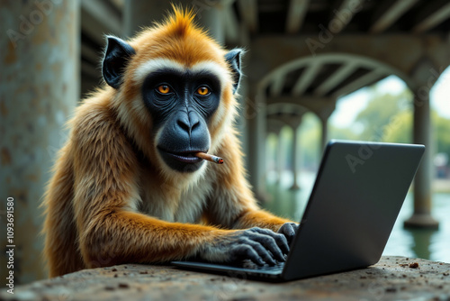 A monkey with a cigarette in his mouth at his laptop under the awning of a building. AI generative.