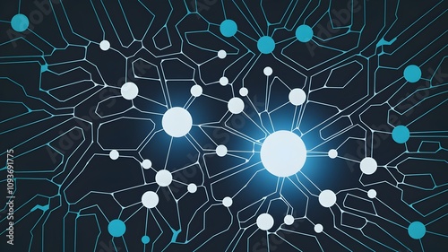 Illustration of a neural network with glowing blue nodes on a dark background