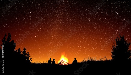 Silhouette of Two People Sitting by a Campfire Under a Starry Night Sky