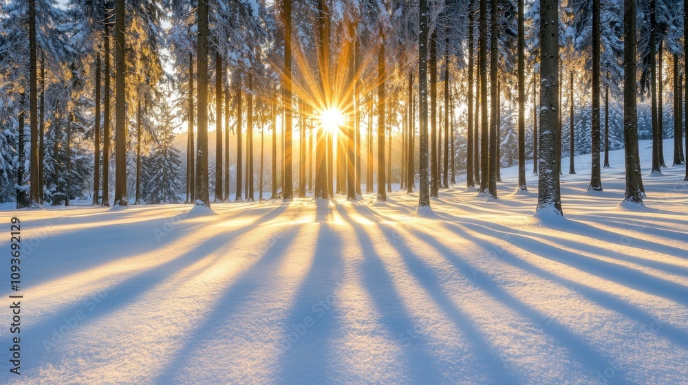 Sunbeams Shining Through Snow-Covered Trees in a Winter Forest Sunbeams Shining Through Snow-Covered Trees in a Winter Forest