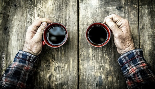 Two Hands Holding Coffee Cups on a Wooden Table photo