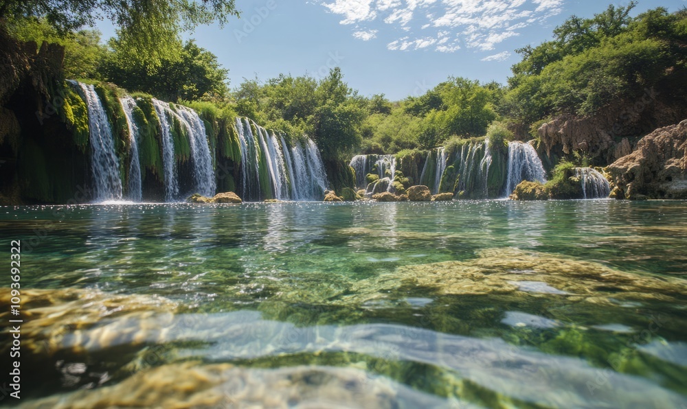 Obraz premium Crystal-clear water with a backdrop of waterfalls and scenic greenery