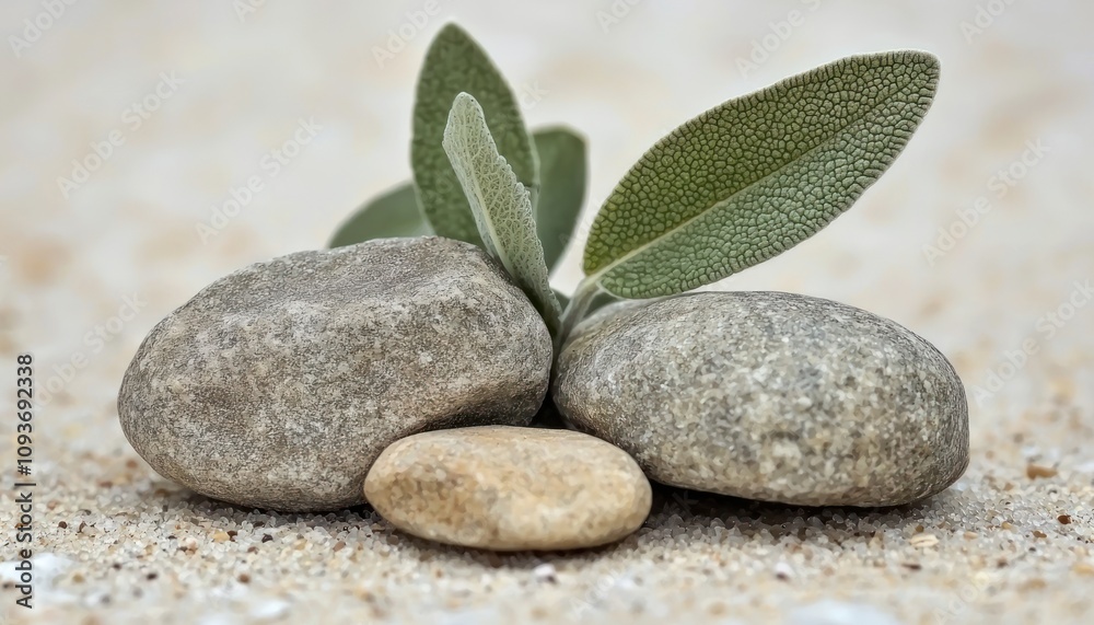 Green Sage Plant Sprouting Between Smooth Gray Stones Green Sage Plant Sprouting Between Smooth Gray Stones