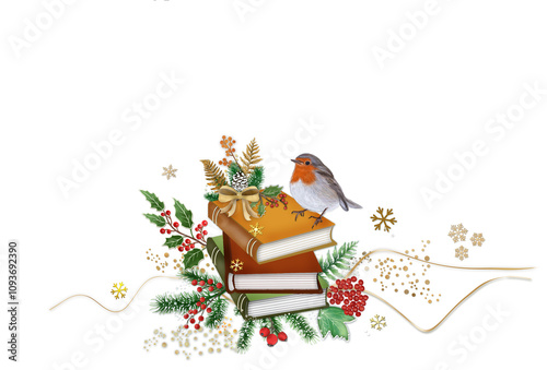 Robin redbreast with books ,pine tree branches and red berries on white background . Book mas Christmas greeting concept. Free copy space.