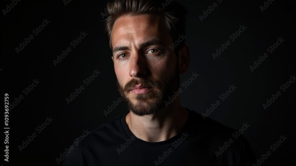 A stylish man with a neat small beard styles, captured with dramatic lighting and soft shadows, emphasizing facial elegance. A stylish man with a neat small beard styles, captured with dramatic lighting and soft shadows, emphasizing facial elegance.