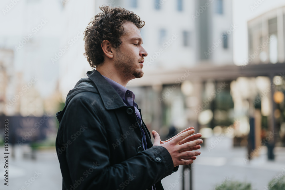 A young businessman stands outdoors in an urban setting, eyes closed and hands clasped, practicing mindfulness and relaxation amidst city life. The image conveys a sense of tranquility and focus. A young businessman stands outdoors in an urban setting, eyes closed and hands clasped, practicing mindfulness and relaxation amidst city life. The image conveys a sense of tranquility and focus.