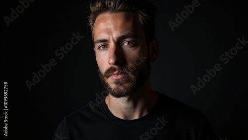 A stylish man with a neat small beard styles, captured with dramatic lighting and soft shadows, emphasizing facial elegance.