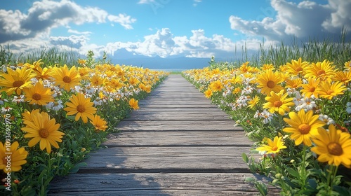 Sunny wooden pathway through vibrant daisy field under blue sky photo