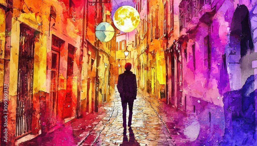 A solitary figure walks through a narrow, cobblestone street under a full moon. A solitary figure walks through a narrow, cobblestone street under a full moon.