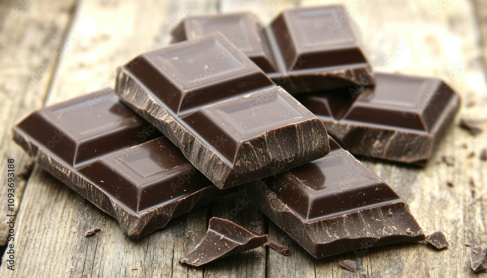 Dark Chocolate Pieces on Wooden Surface Dark Chocolate Pieces on Wooden Surface
