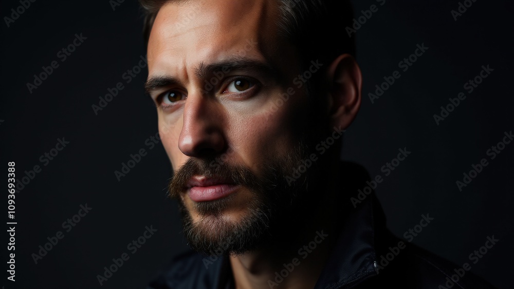 A clean-cut man with small beard styles, captured in soft light that brings out the sharpness of his features. A clean-cut man with small beard styles, captured in soft light that brings out the sharpness of his features.