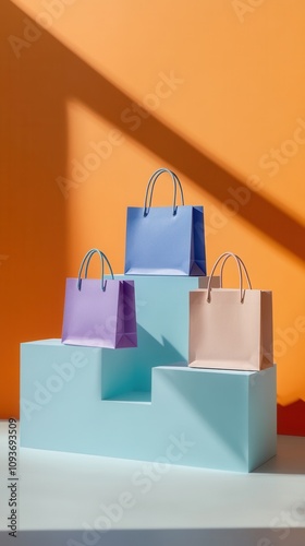 Bright and bold background with a mix of shopping bags creating a stylish, modern shopping theme.. photo