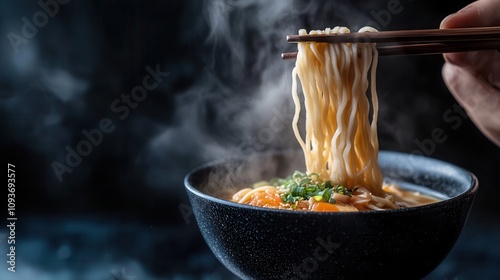 Steaming bowl of noodles held with chopsticks against a dark background in natural light, captured with a telephoto lens mockup, mock up, template, empty, for text, place, copyspace, copy space, MENU