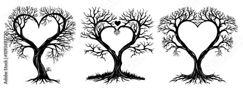 Billede på lærred set of heart-shaped tree illustrations with roots – black vector