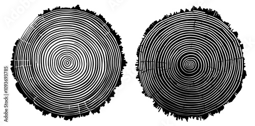 Wood log slice design with tree growth rings – black vector style