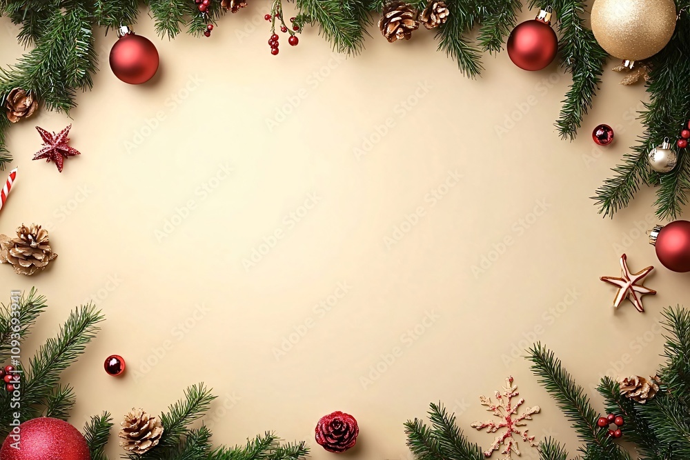 Christmas or new year festive beige background with frame of fir branches, red and gold ornaments, pine cones, candy canes and other decorations creating a cozy atmosphere, copy space Christmas or new year festive beige background with frame of fir branches, red and gold ornaments, pine cones, candy canes and other decorations creating a cozy atmosphere, copy space