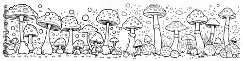 artistic sketch of mushroom forest with playful details – black vector
