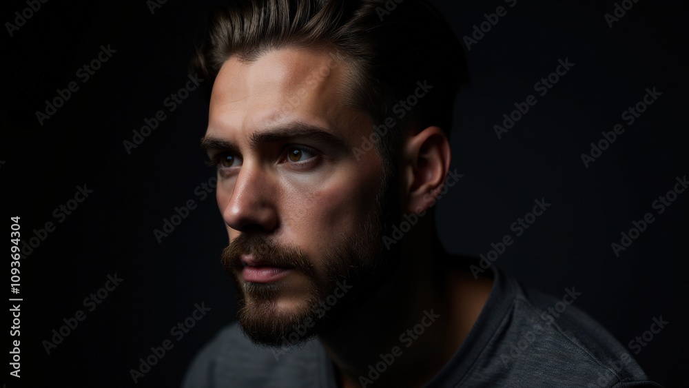 A moody, dramatic portrait of a man showcasing sleek small beard styles, captured with soft shadows and sharp lighting. A moody, dramatic portrait of a man showcasing sleek small beard styles, captured with soft shadows and sharp lighting.