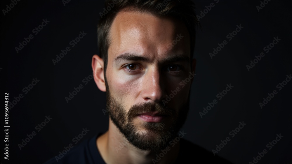 Obraz premium A close-up of a man with small beard styles, illuminated in moody lighting to bring out the sharp details.