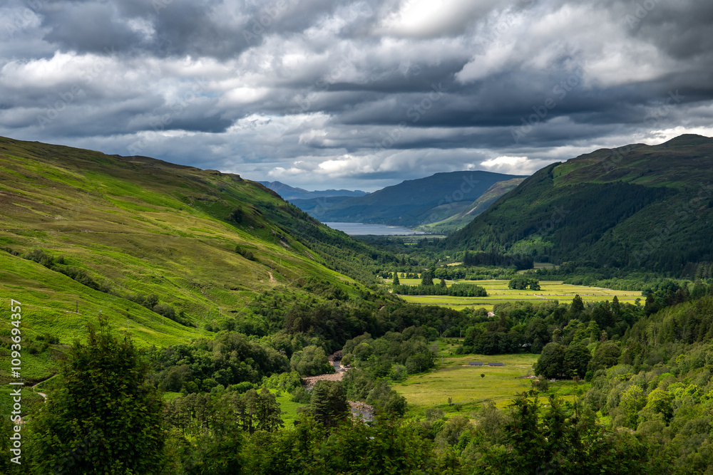 Corrieshalloch Gorge National Nature Reserve With River Through Pasture Valley And Loch Broom In Scotland, UK Corrieshalloch Gorge National Nature Reserve With River Through Pasture Valley And Loch Broom In Scotland, UK