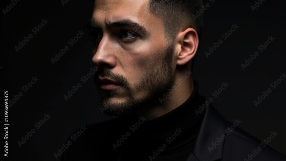 Fototapeta premium A stylish man with neat small beard styles, captured with soft, dramatic lighting that emphasizes his sharp details.